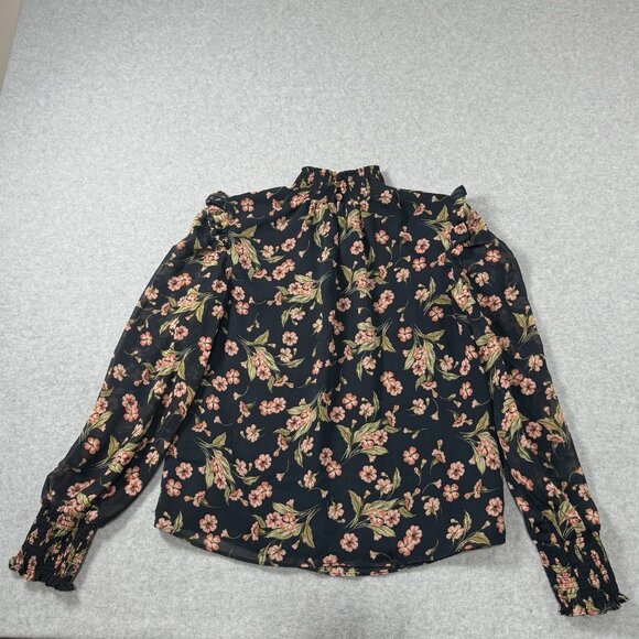 Floral Smocked High Neck Long Sleeve Womens‎ Blouse XS Black With Pink Flowers - Picture 6 of 8